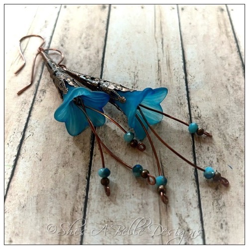 Morning Glory Fairy Flower Trumpet Cascade Earrings in Antique Copper, Lucite Flower Earrings