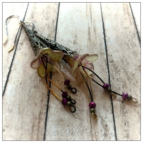 Springtime Fairy Flower Trumpet Cascade Earrings in Antique Bronze, Lucite Flower Earrings