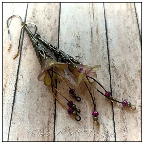 Springtime Fairy Flower Trumpet Cascade Earrings in Antique Bronze, Lucite Flower Earrings