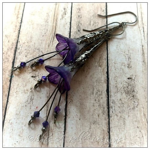 Periwinkle Fairy Flower Trumpet Cascade Earrings in Gunmetal, Lucite Flower Earrings