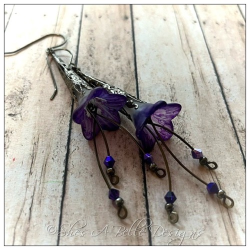 Periwinkle Fairy Flower Trumpet Cascade Earrings in Gunmetal, Lucite Flower Earrings