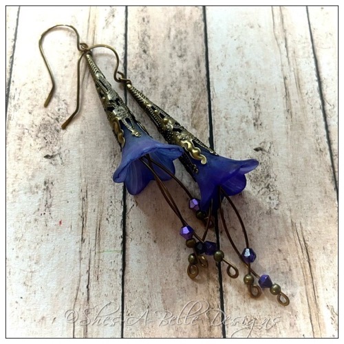 Morning Glory Fairy Flower Trumpet Cascade Earrings in Antique Bronze, Lucite Flower Earrings