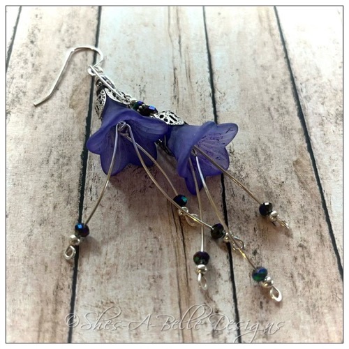 Periwinkle Flower Fairy Cascade Earrings in Antique Silver, Lucite Flower Earrings