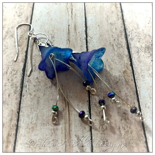 Forget Me Not Fairy Flower Cascade Earrings in Antique Silver, Lucite Flower Earrings