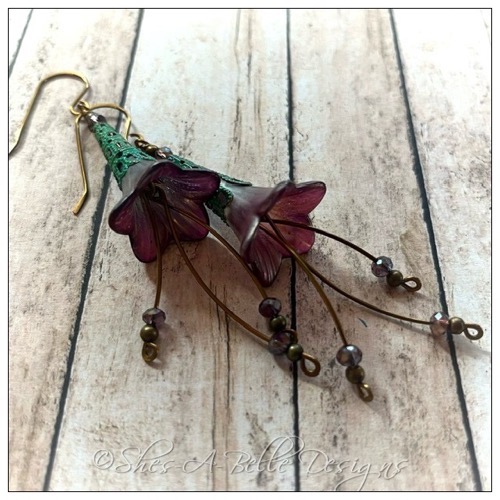 Blackberry Fairy Flower Trumpet Cascade Earrings in Antique Bronze Patina, Lucite Flower Earrings
