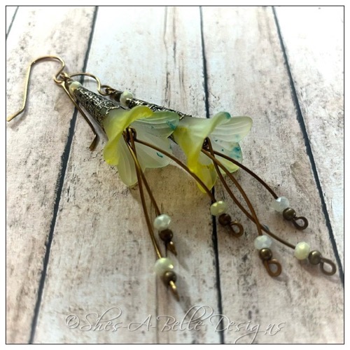 Lemon Drop Fairy Flower Trumpet Cascade Earrings in Antique Bronze, Lucite Flower Earrings