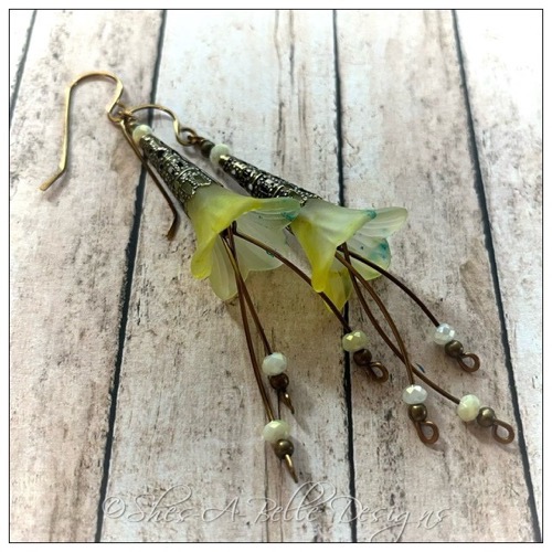 Lemon Drop Fairy Flower Trumpet Cascade Earrings in Antique Bronze, Lucite Flower Earrings