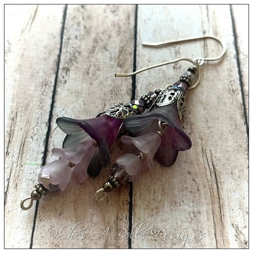 Winter Storm Fairy Flower Trumpet Trail Earrings in Antique Silver, Lucite Flower Earrings