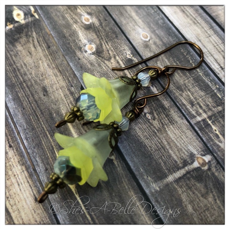 Lime Tree Fairy Flower Drop Earrings in Antique Bronze, Lucite Flower Earrings