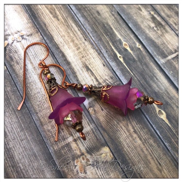 Clover Fairy Flower Drop Earrings in Antique Copper, Lucite Flower Earrings