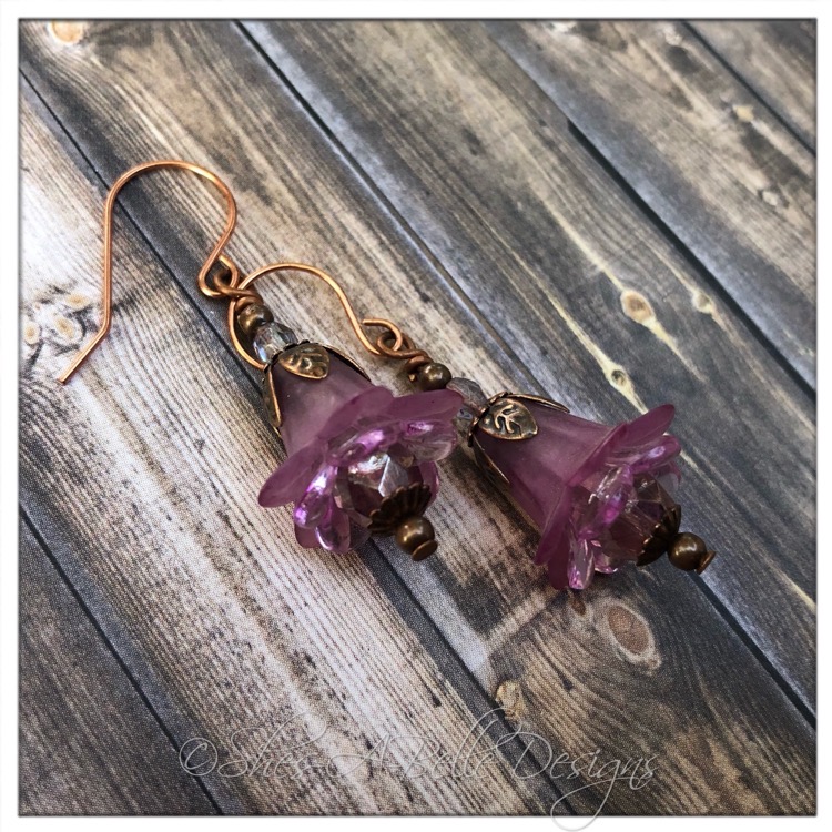 French Lilac Fairy Flower Drop Earrings in Antique Copper, Lucite Flower Earrings
