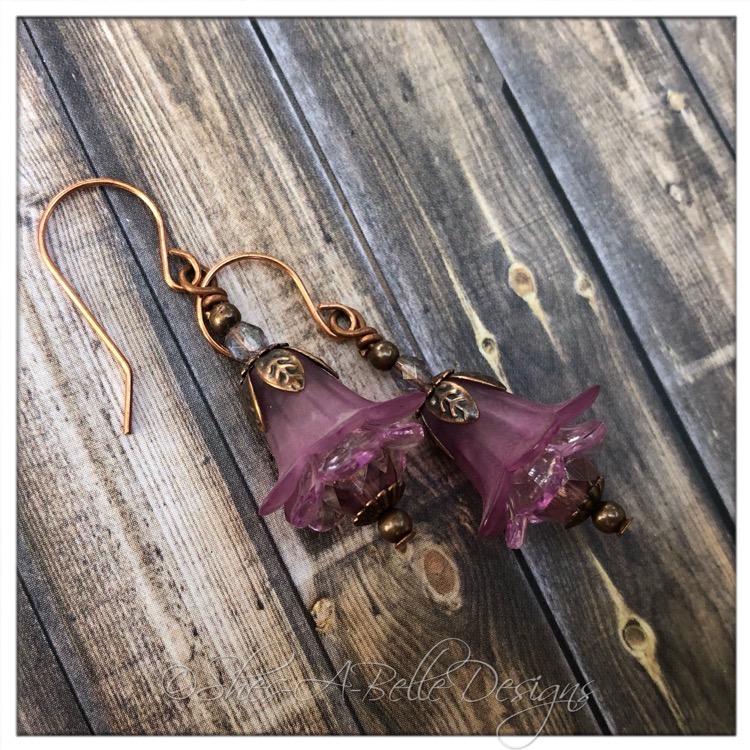 French Lilac Fairy Flower Drop Earrings in Antique Copper, Lucite Flower Earrings