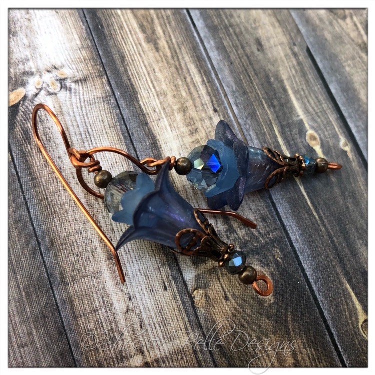 Morning Glory Fairy Flower Beaded Upside Down Drop Earrings in Antique Copper, Lucite Flower Earrings