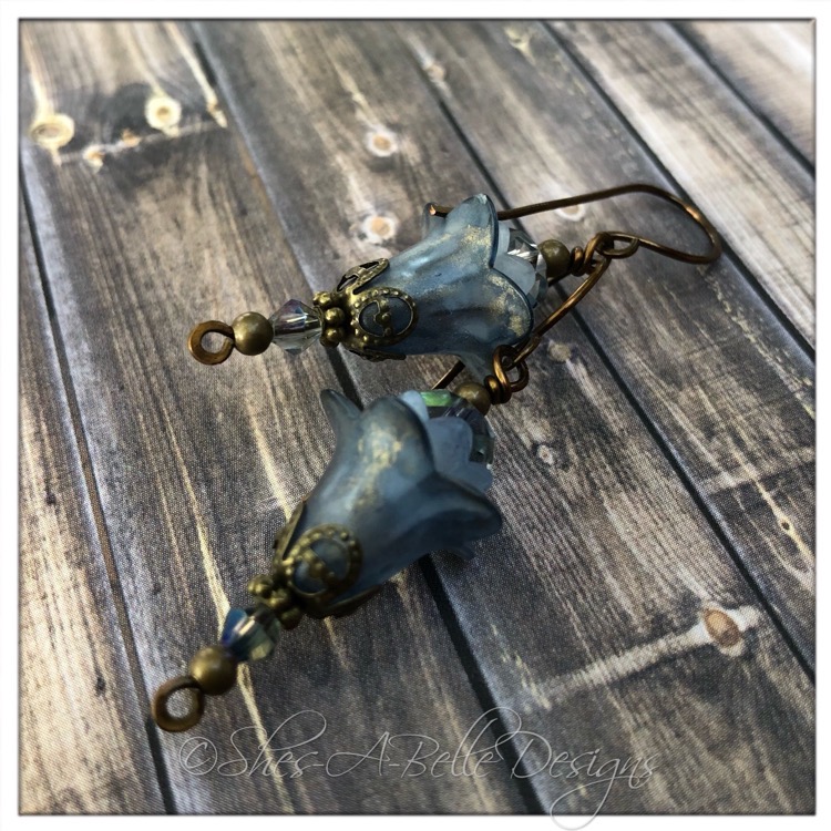 Blueberry Fairy Flower Upside Down Drop Earrings in Antique Bronze, Lucite Flower Earrings