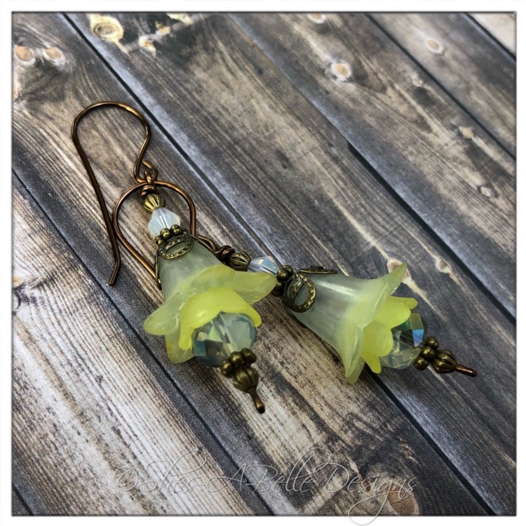 Lime Tree Fairy Flower Drop Earrings in Antique Bronze, Lucite Flower Earrings