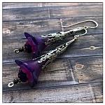 French Lilac Fairy Flower Trumpet Earrings in Antique Silver, Lucite Flower Earrings
