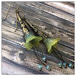 Lime Tree Fairy Flower Trumpet Cascade Earrings in Antique Bronze, Lucite Flower Earrings
