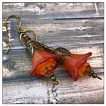 Fiery Sunset Fairy Flower Trumpet Drops in Antique Bronze, Lucite Flower Earrings