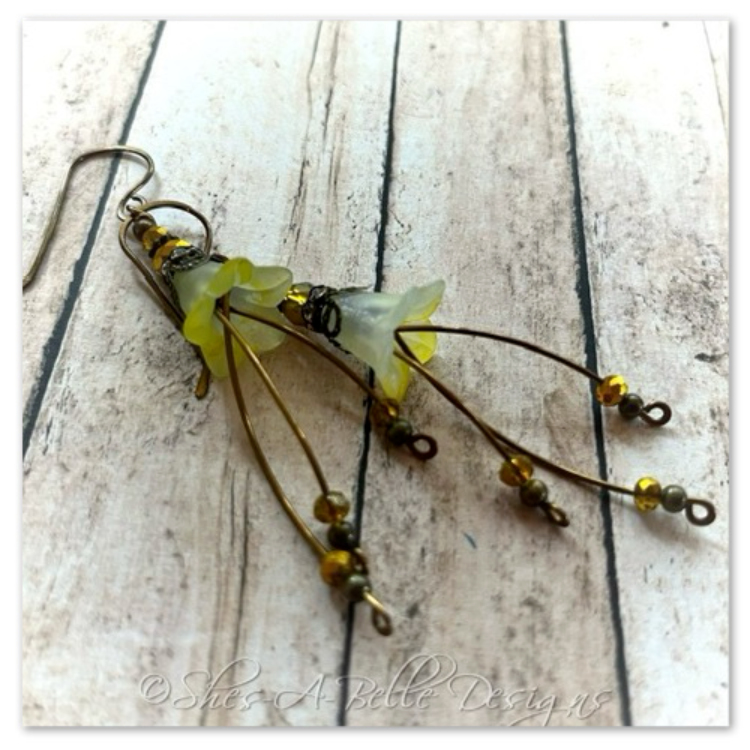Lemon Drop Fairy Flower Cascade Earrings in Antique Bronze, Lucite Flower Earrings